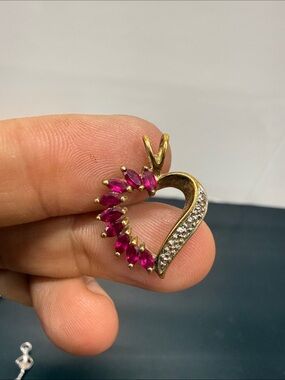 Sterling Silver 925 Gold Toned Heart Pendant with Pink Gem Accents
